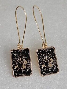 Hand Crafted Black and Gold Tarot The Lovers Drop Earrings